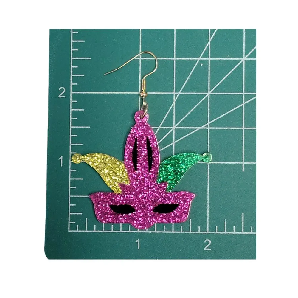 Mardi Gras Mask Earrings Purple Green Yellow Dangle New Orleans‎ Party Jewelry